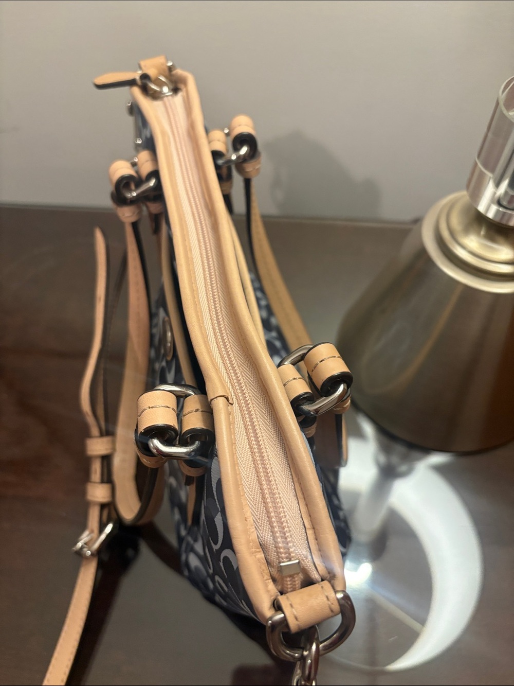 Coach Navy and Black Signature Small Tote with Tan Leather Trim - Picture 6 of 16